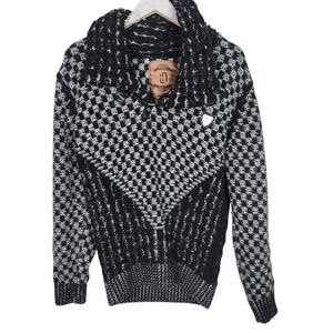 LEIF NELSON Sweater Mens Large Black White High‎ Neck Buckle Waffle Knit Chunky